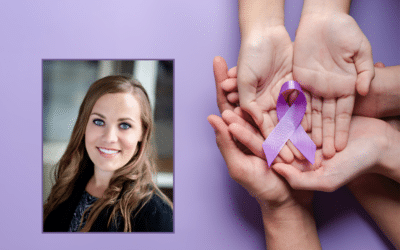 Image of Lakeview Nurse Practitioner, Erin Dahn, and hands holding the Alzheimer's ribbon.