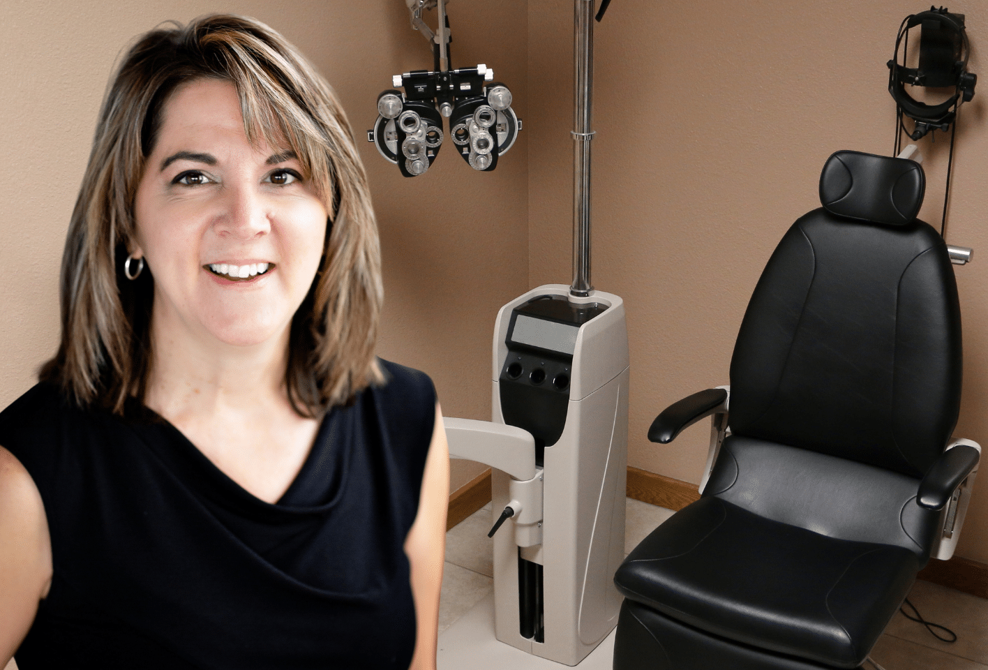 Lakeview Optometrist, Tracy Jackson in an eye exam room.