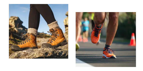 Image of hiking shoes versus running shoes.