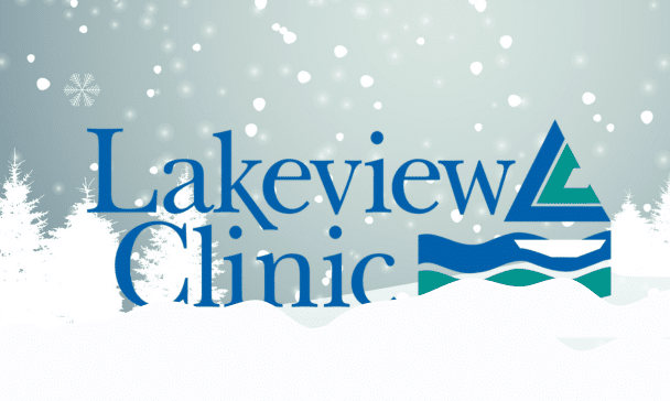 Lakeview Logo holiday hours with snow.