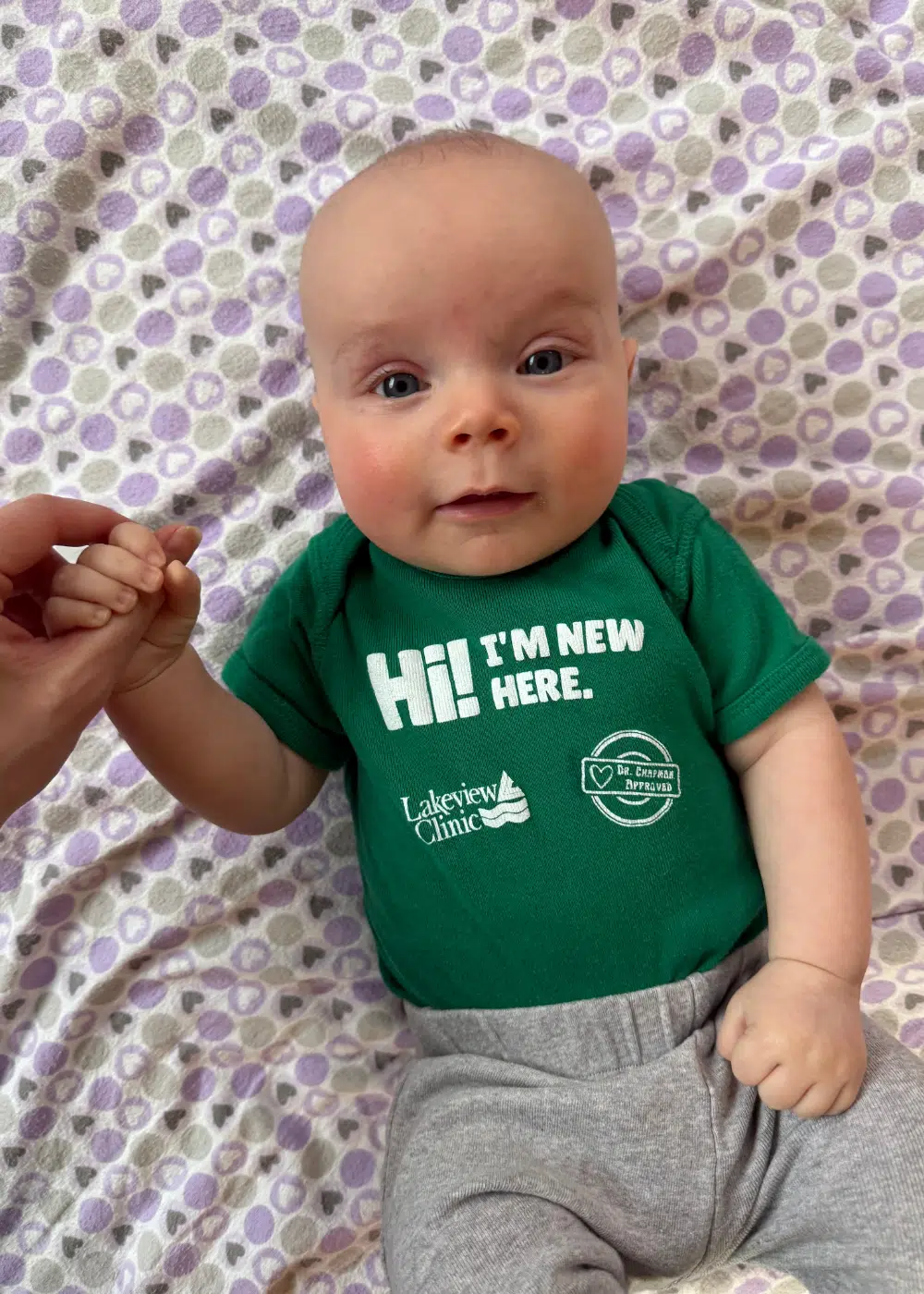 Green Lakeview onesie on blue background.