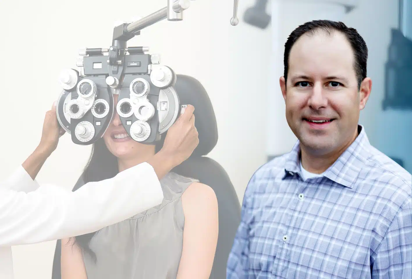 Dr. Thomas Bryan in with a patient having an eye exam.