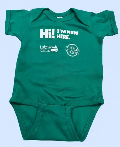 Onesie on blue Green Lakeview onesie on blue background.