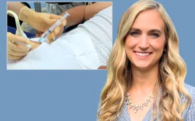 Image of Dr. Leah Clark with image of ultrasound guided steroid injection background.