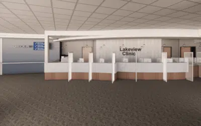 Rendering of new reception desk at Lakeview Clinic in Waconia.