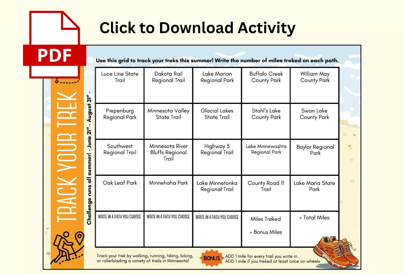 List of links to area trail information in Carver County in recognition of National Walking Day.